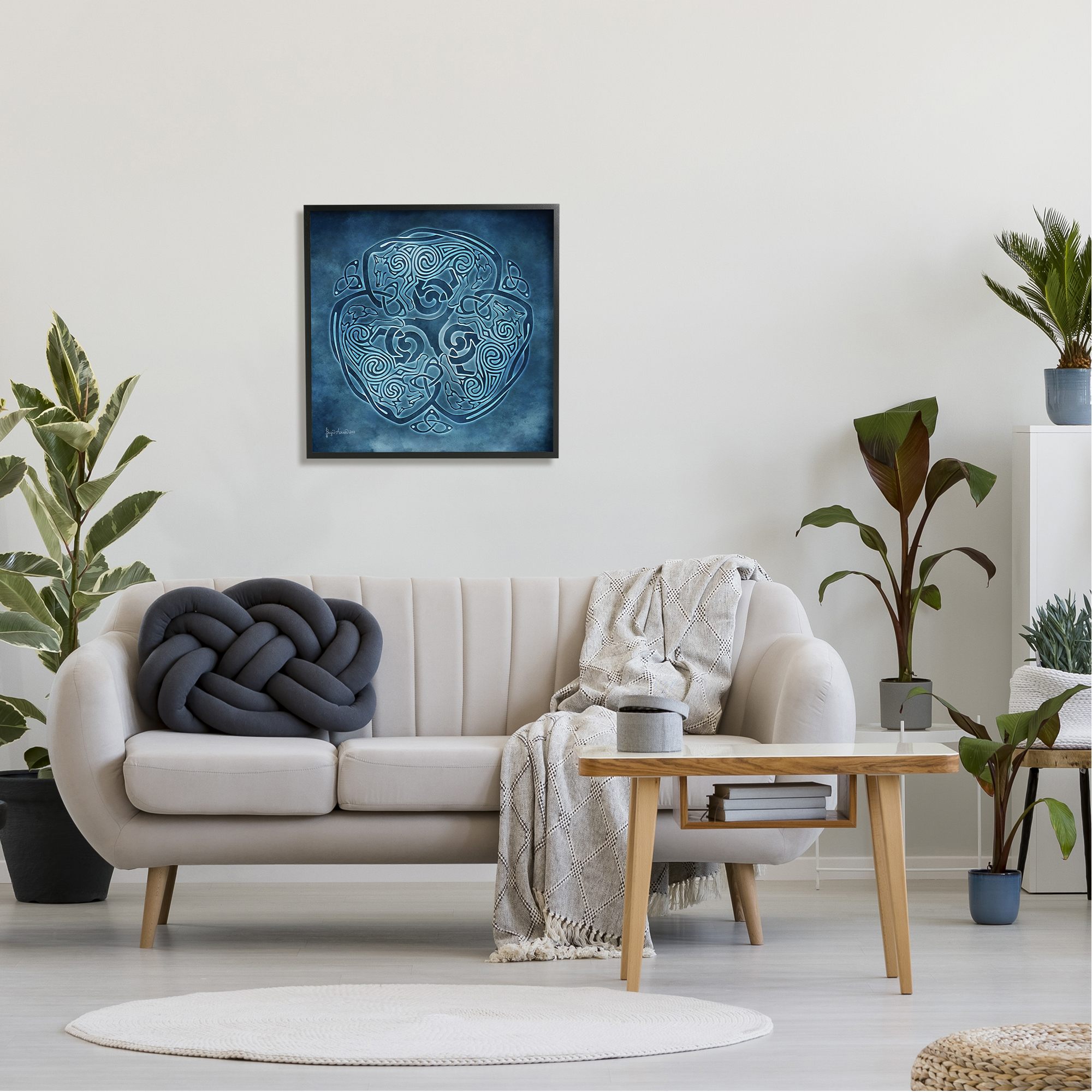 Stupell Industries Blue Celtic Wolf Abstract Painting Black Framed Art Print Wall Art, 24 x 24