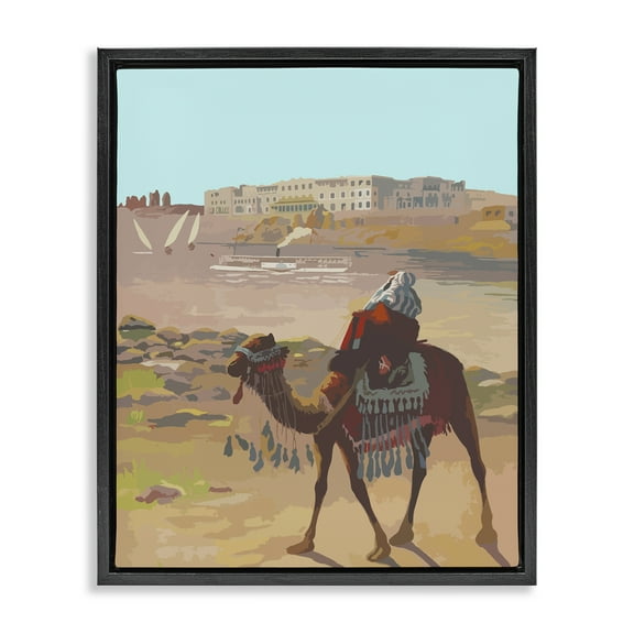 Stupell Industries Camel in Desert Town Landscape Painting Black Floater Framed Art Print Wall Art, 17 x 21
