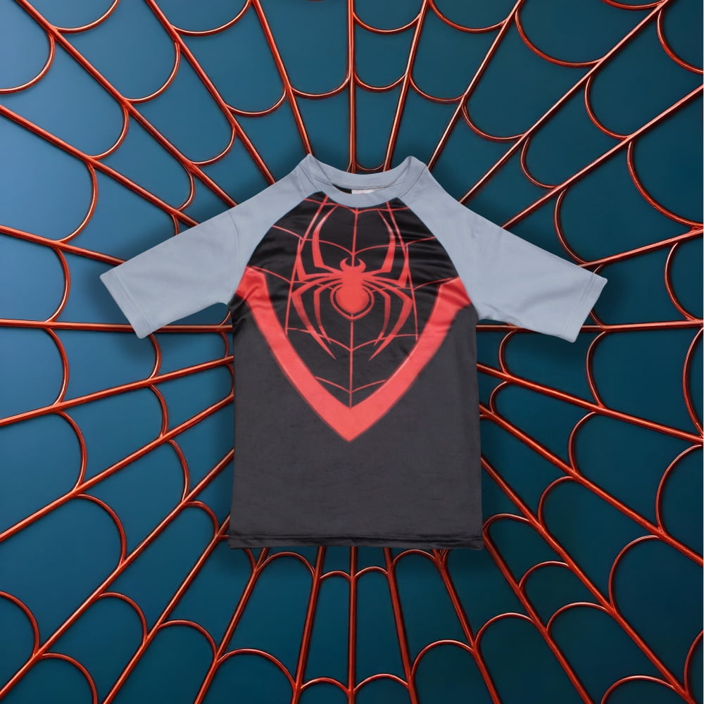 Marvel Boys Spider-Man Miles Morales 2-Piece Rash Guard Swim Set, Quick Drying Swim Shirt & Trunks, Superhero Swimsuit for Kids (Sizes 8-12)