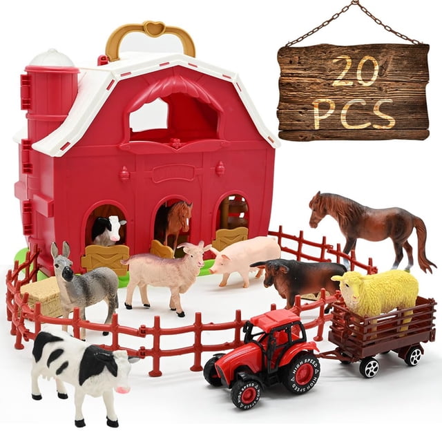 Figuras rojas de granero y animales de granja Playset, paquete de 20 unidades para niños