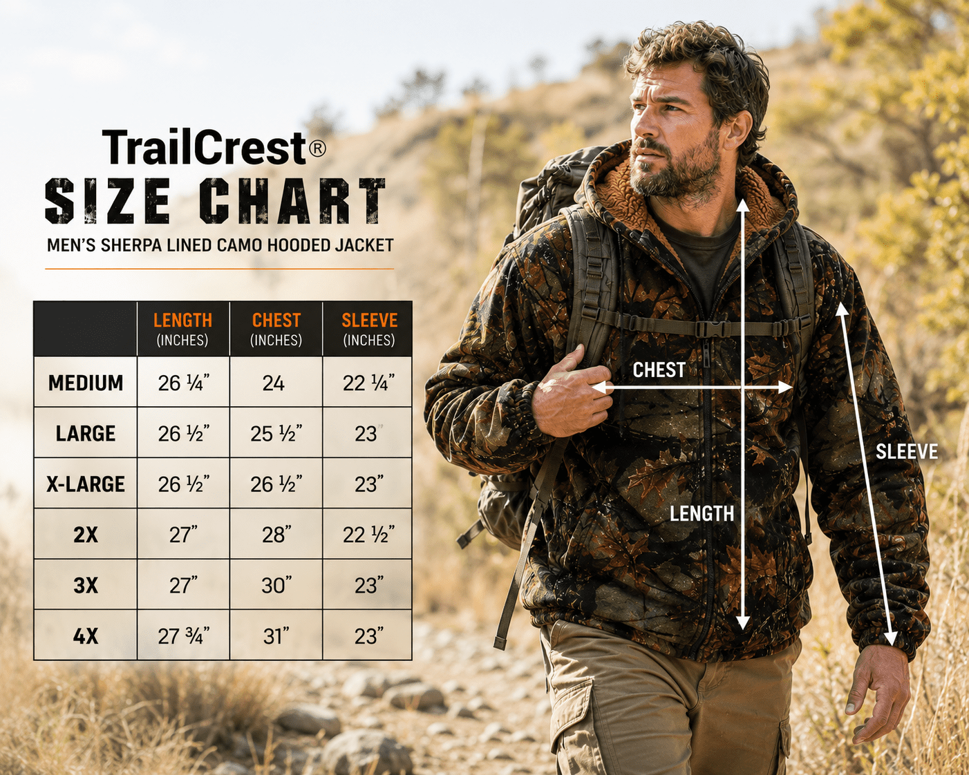 TrailCrest Men's Warm Sherpa Lined Hoodie Fleece Shirt Jacket, Classic Zip Up Camouflaged, XL