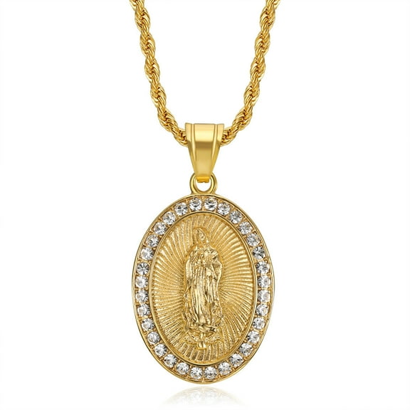 Hip Hop Bling Gold Color Solid 14K Yellow Gold Virgin Mary Pendants Necklace for Men Rapper Jewelry