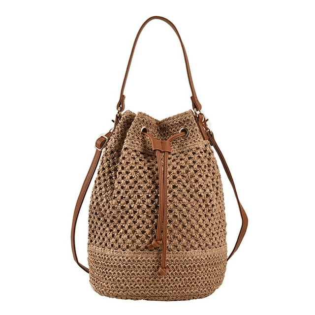 CHUANK Summer Straw Bucket Bag Drawstring Fashion Women Shoulder Bag for Work (Brown)