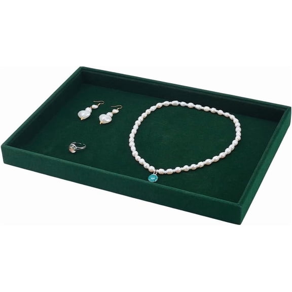 Velvet Jewelry Trays flat Green Rectangle Velvet Display Trays Elegant Stackable Jewelry Drawer Organizer Tray for Rings Earrings Necklaces Bracelets Storage Display 35x24x3.2cm