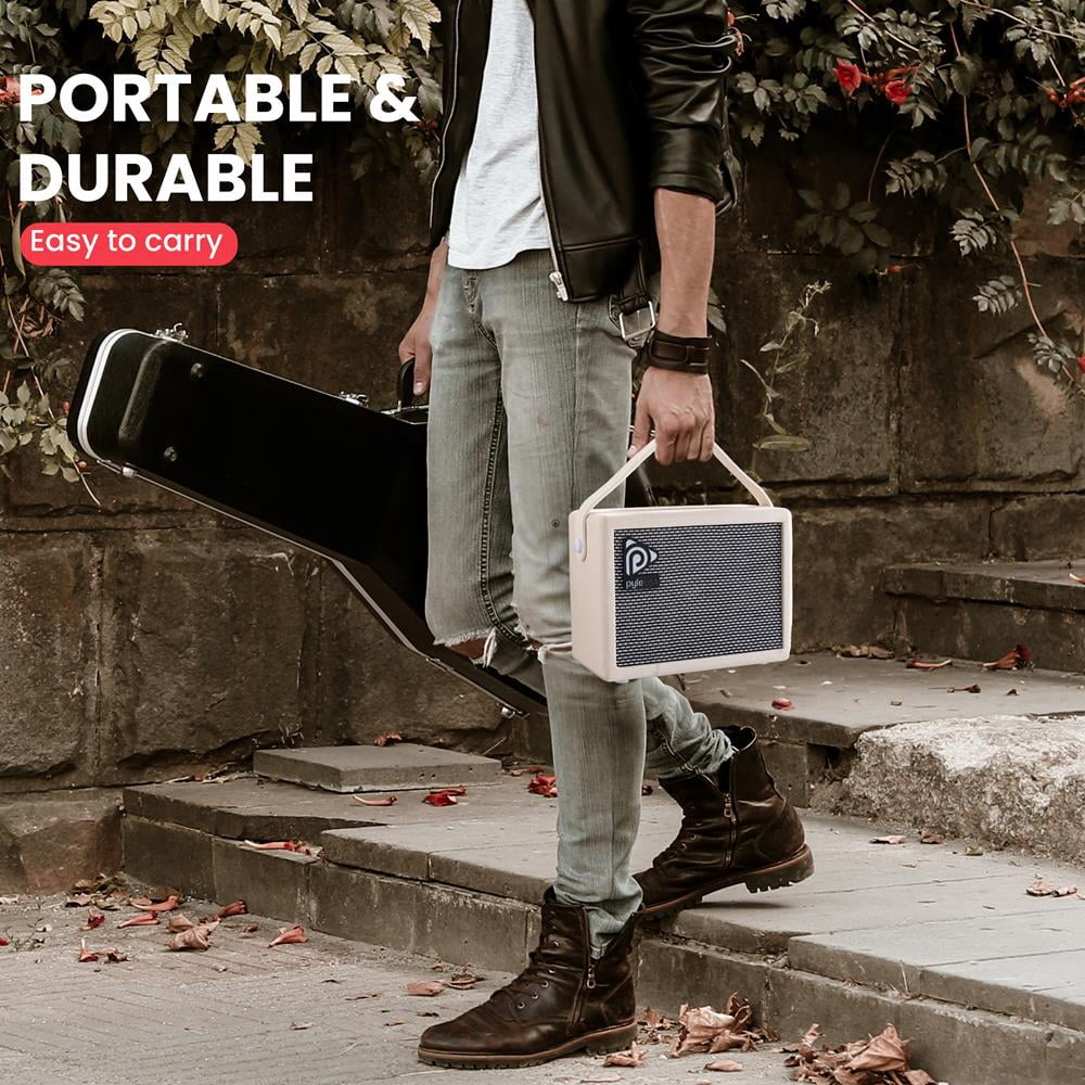 Pyle Portable Electric Guitar Amplifier – 5" High-Definition Speaker with Volume, Bass & Treble Controls, Lightweight Plywood Cabinet with Gold Plate & Leather Finish