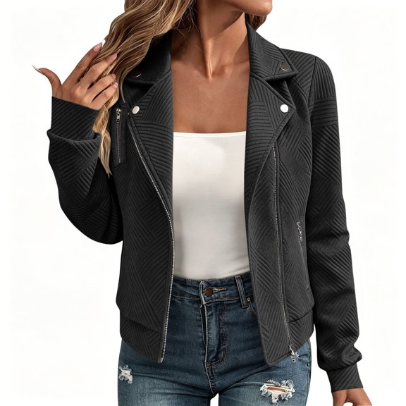 Qiopertar Womens Quilted Moto Jacket Casual Zip Up Collared Long Sleeve Slim Fit Spring Fall Outerwear with Pockets, Black L