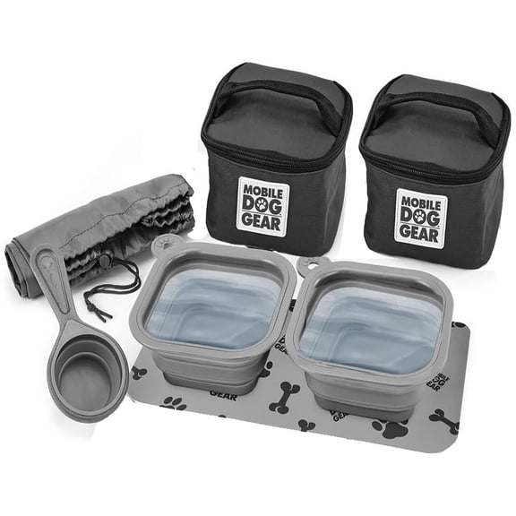 Mobile Dog Gear: Dine Away Food Set - Black - Pet Travel Feeding Set, 2 Collapsible Bowls, 2 Lined Food-Treat Storage Containers, Mat, For Med-Lg Dogs