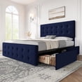 thumbnail image 3 of Blue queen size velvet forrado marco de cama con adjustable cabecero, 4 almacenamiento cajones, button tufting y de madera slats, 3 of 8