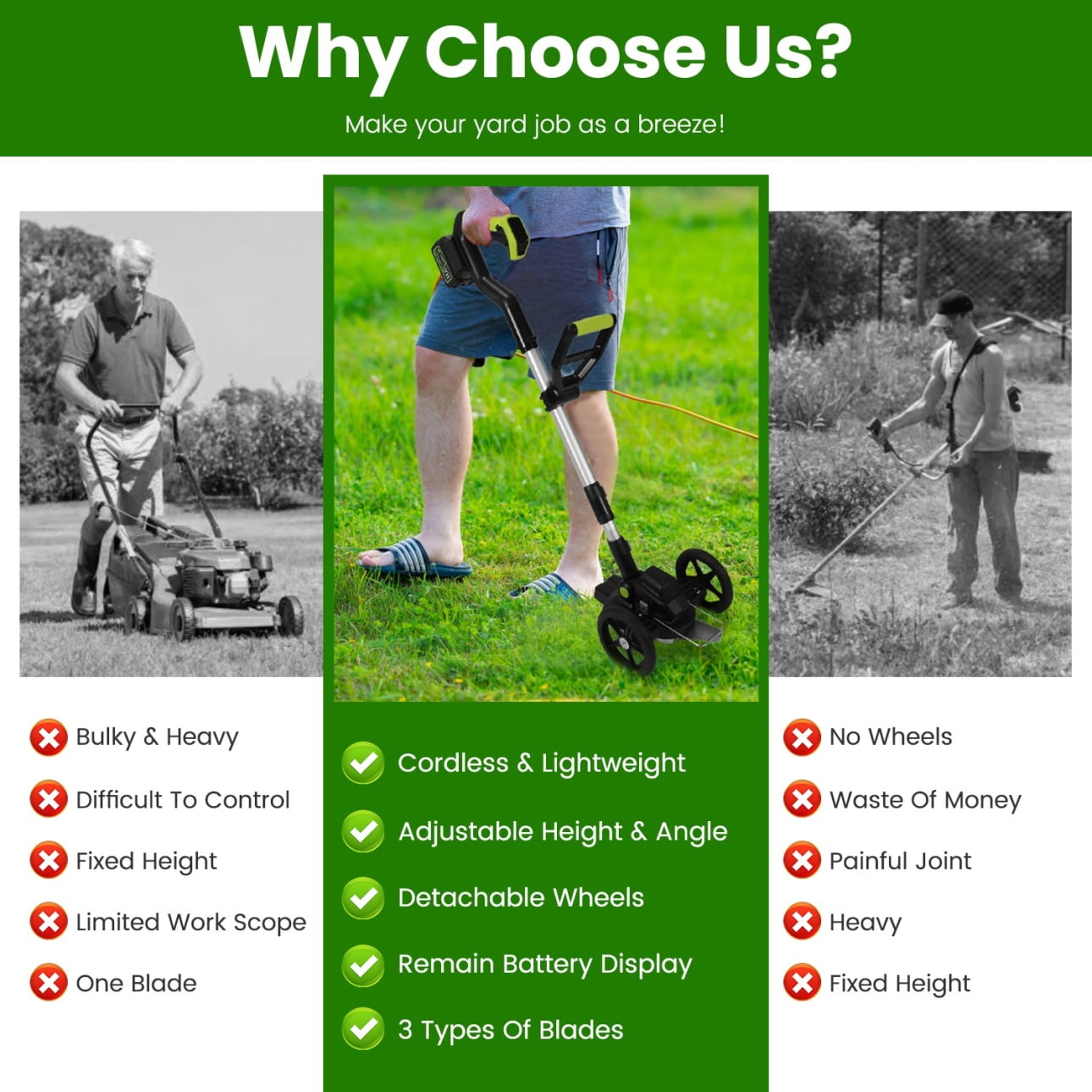 21V  Electric Cordless Weed Edger with Adjustable Angles and Height, Eater Bush Cutter with Removable Wheels and 3 Types of Blades, Lightweight String Trimmer for Garden, Yard, Lawn, Black