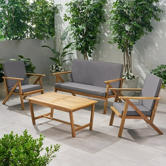4 Pcs Outdoor Acacia Wood Furniture Sets With Cushions Upholstered, For Backyard, Patio, Teak