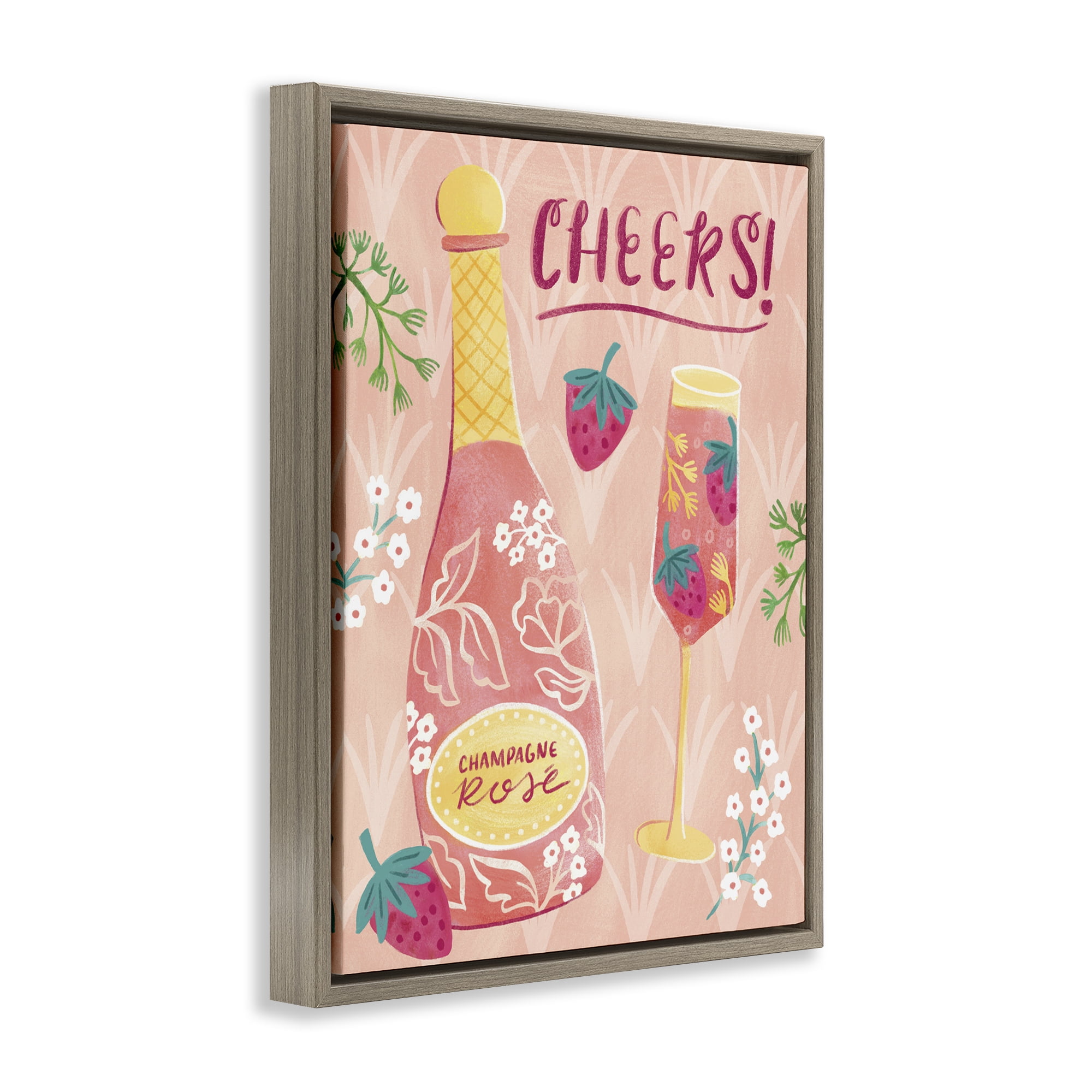 Stupell Industries Floral Rose Champagne Food & Beverage Painting Brown Floater Framed Canvas Art Print Wall Art, 17 x 21