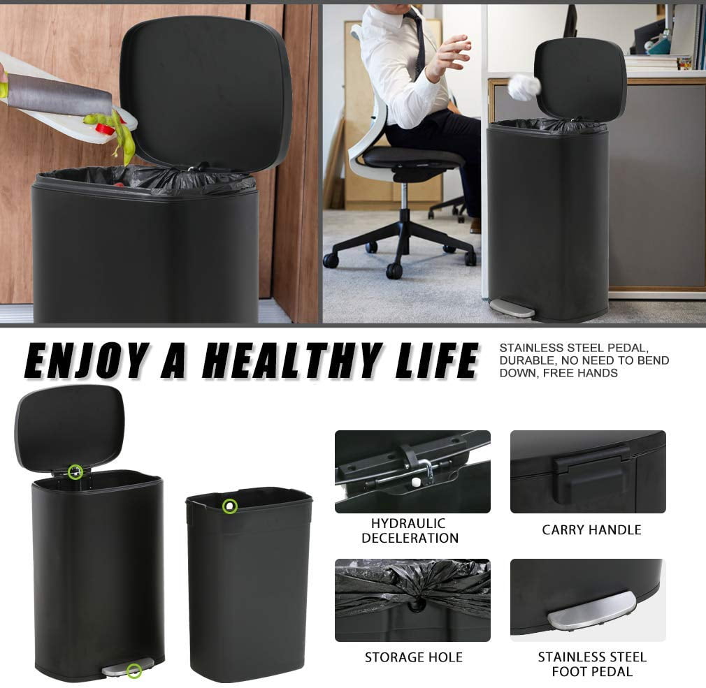 Dkelincs 13 Gallon Kitchen Trash Can with Lid Step Garbage Can Stainless Steel Waste Bin for Home Office, Black