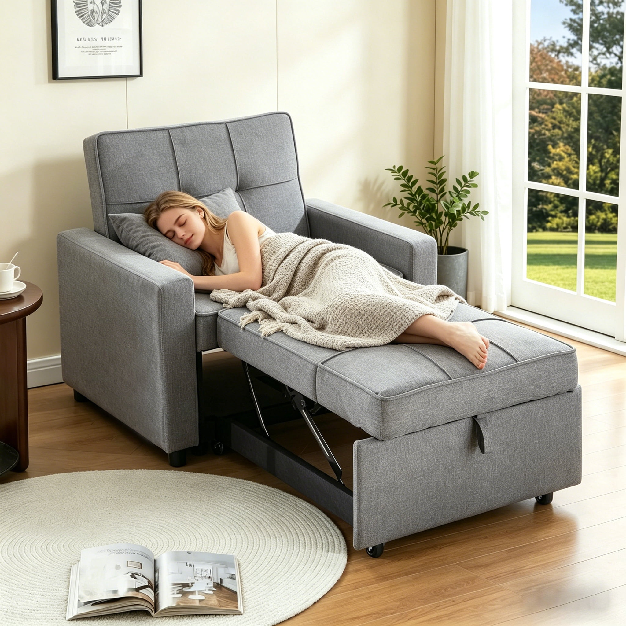 BSHTI 35.6" Cotton Linen Fabric Convertible Sleeper Chair Bed with 3-Level Adjustable Backrest, Pull-Out Design, 1 Pillow for Living Room(Light Gray)