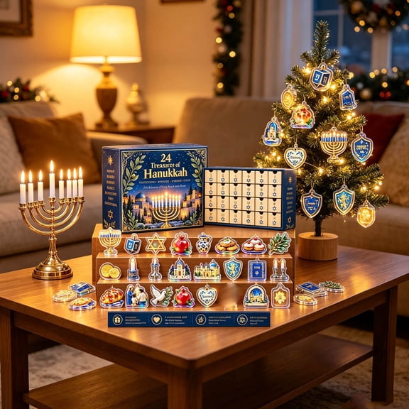 Festive Hanukkah Ornaments, 24 Count Mini Acrylic Gold Tone with Hanging Loops, Chanukah Holiday Party Favor Tabletop Display and Gift Exchange, Multicolor