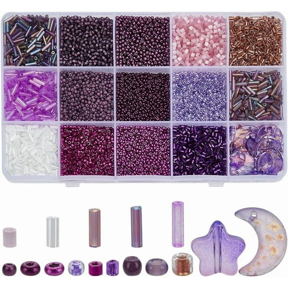 12500pcs Purple Glass Beads 2mm Glass Seed Beads 16 Styles Bugle Bead Moon Star Bead