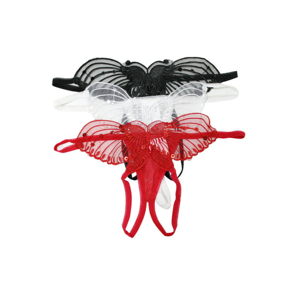 Flirtzy Sheer Butterfly Applique Crotchless Panties w/ Pearl and Sequin Details, 3 Pack