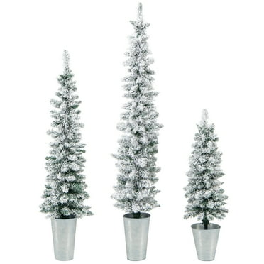 Costway Potted Artificial Christmas Tree Set of 3 3/4/5 FT Snow-Flocked Slim Faux Trees