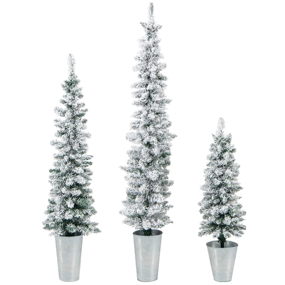 Costway Potted Artificial Christmas Tree Set of 3 3/4/5 FT Snow-Flocked Slim Faux Trees