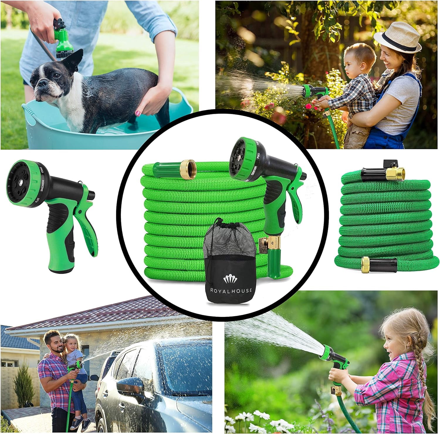 Expandable Garden Hose with 8 Function Spray Nozzle - Leak Proof Design, Green, 50 ft