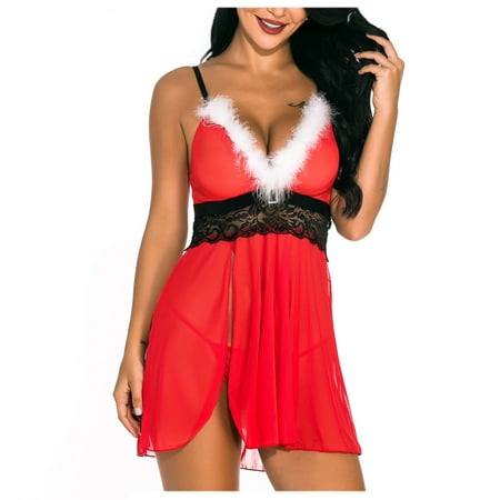 

Tarmeek Womens Plus Size Sexy Red Lingerie Christmas Role Play V-Neck Plush Temptation Babydoll Underwear+Briefs Bodysuit Sleepwear Sexy Lingerie for Women Naughty for Sex/Play