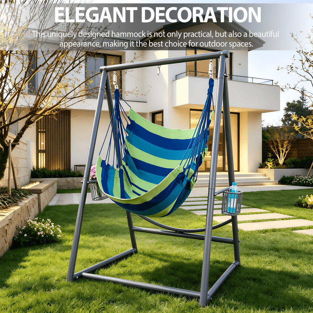 Hammock Chair Hanging Rope Swing & Stand Set with Two Holders, Heavy Duty Hanging Stand with Three Hooks, Multi-Use for Indoor Outdoor Patio Yard Garden (Grey)