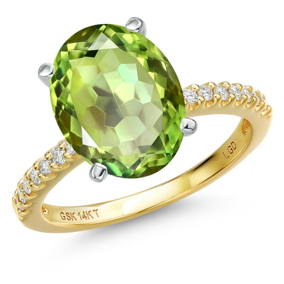 Gem Stone King 14K Two Tone Gold Green Apple Mystic Quartz and Lab Grown Diamond Engagement Ring for Women | 4.99 Cttw | Oval 12X10MM | Gemstone Birthstone | Size 8