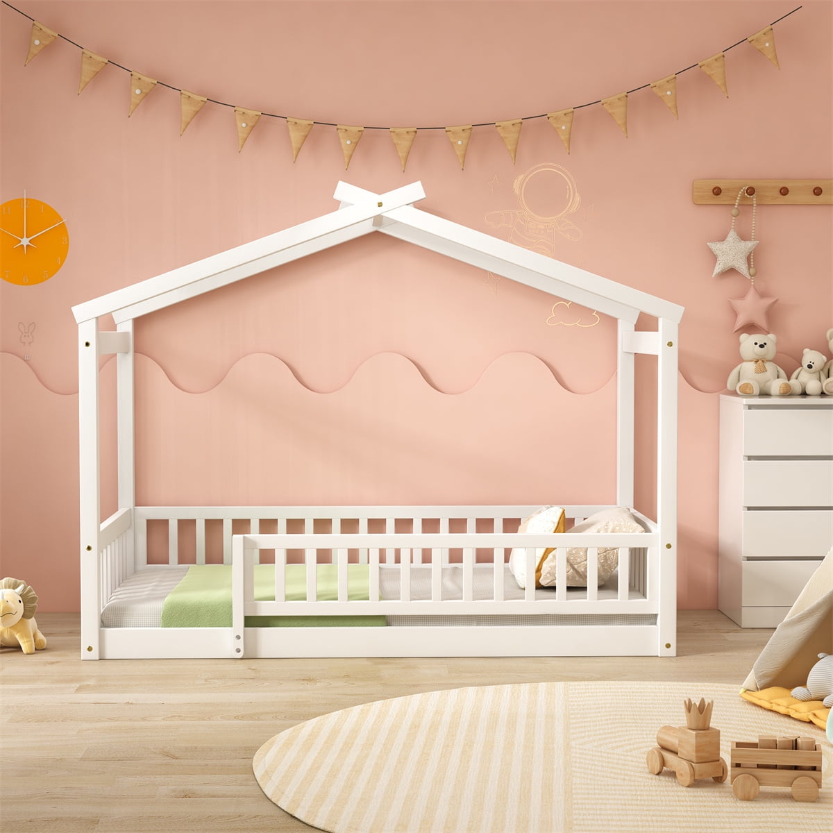 Twin Size Floor Bed with Fence Railings,Wooden Montessori House Bed Frame with Roof Design and Fence Guardrails,Playhouse Bed Low Bed Frame for Girls Boys Bedroom,Easy Assemble,White