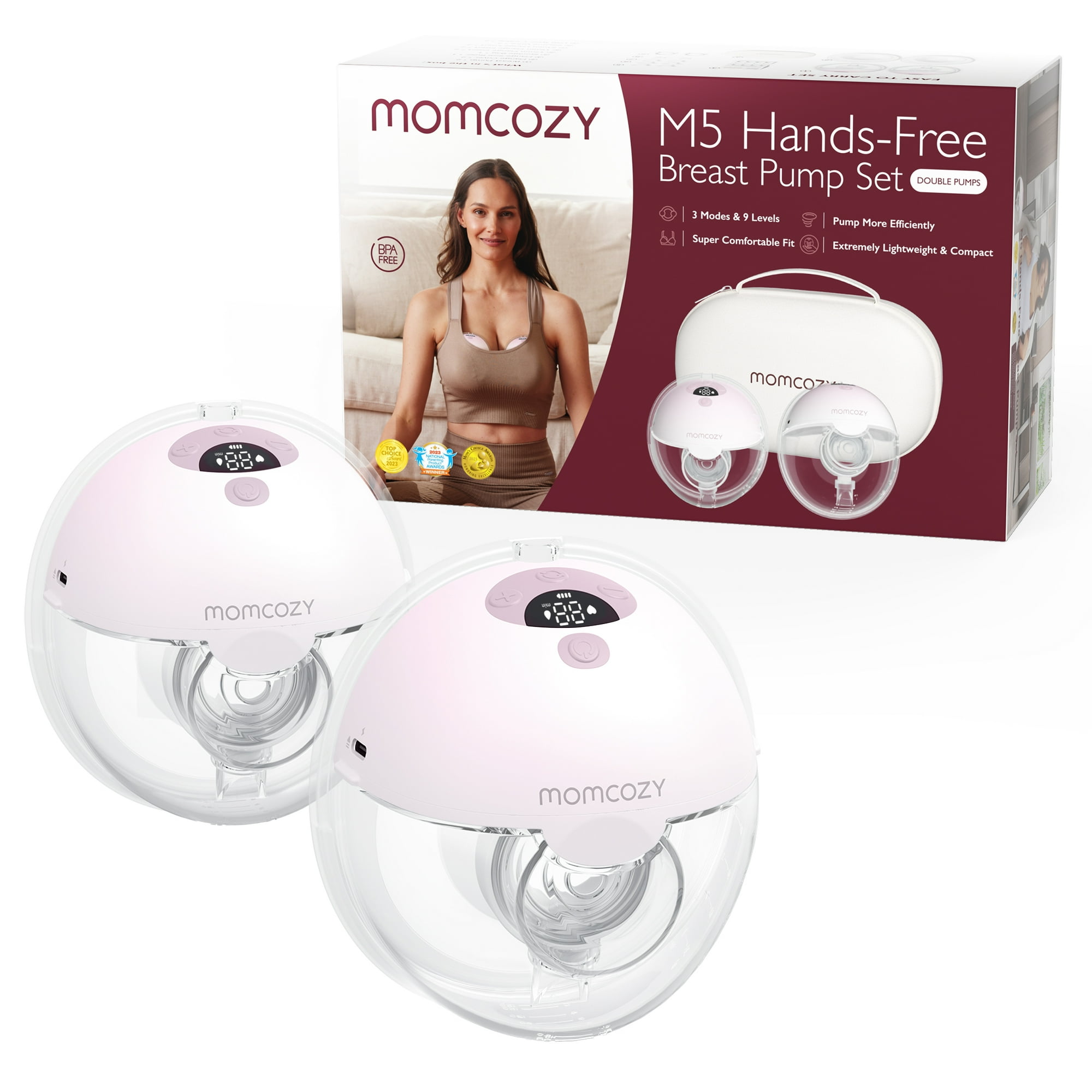 Momcozy M5 Hands-Free Wearable Breast Pump 3 Modes 9 Suction Levels Portable Electric Pump 24mm 2 Pack Gradient Pink