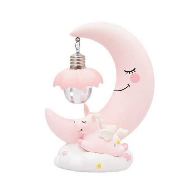 Linda luz nocturna de luna de unicornio de dibujos animados, lámpara de noche colgante de dormitorio romántico para niños, niñas y niños (rosa)
