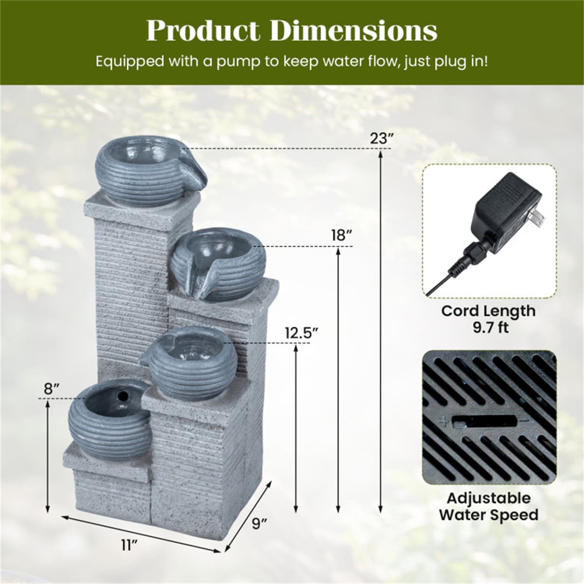TENGDA Gray 4 Tier Cascading Resin Water Fountain Indoor Outdoor Decor With Warm LED Lights
