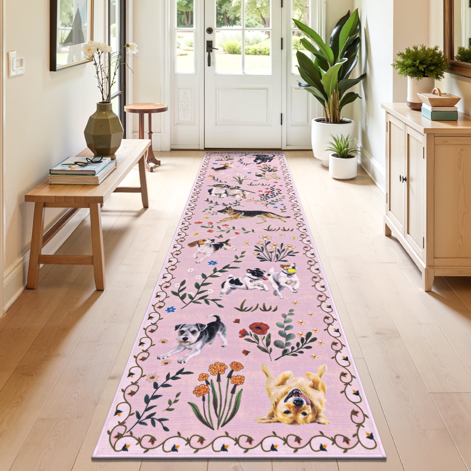 MJIAexp 2'x8' Jute Animal Dog Floral Kitchen Runner Rug,Woven Texture Machine Washable Runner Rug Non-Slip Rubberback Hallway Runner Laundry Rug Throw Carpet for Living Room Bedroom Dining Room Entry