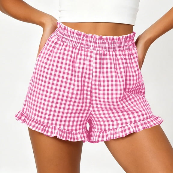 Womens Mid Rise Shorts with Pockets Plaid Printed Wide Leg Ruffled Hem Elastic Waisted Summer Beach Short for Women