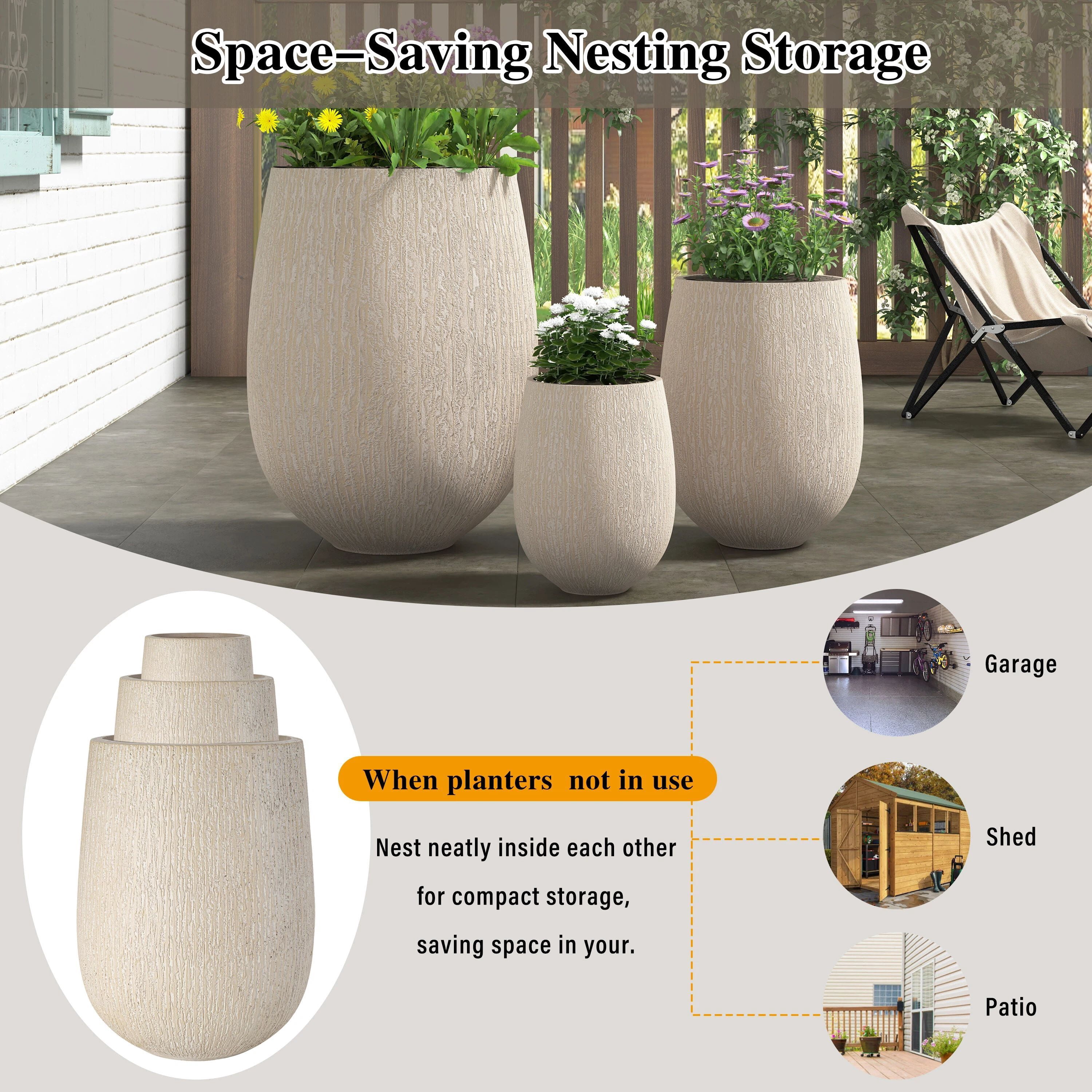 Euroco Lightweight MGO Planter Set of 3, 15.6"+10.8"+7.3" Egg-Shaped Outdoor Flower Pots with Drainage Holes & Rubber Plug,Modern Stone-Look Textured Decorative Pots for Garden, Patio, Home, Office