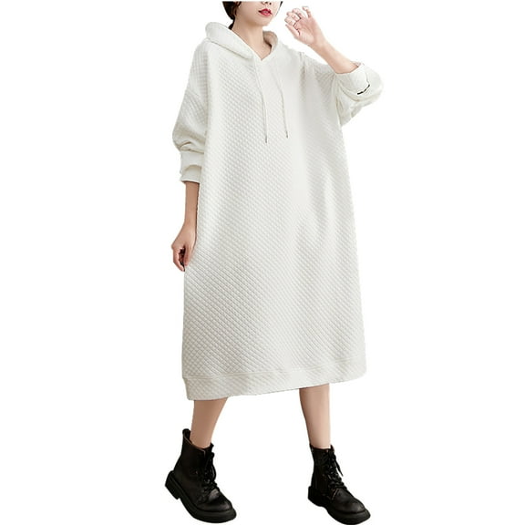 IROINNID Long Sleeve Dress for Women Loose Fitting Solid Color Hooded Dress able and Versatile Mid Length Dress Hooded Dress Deals,White