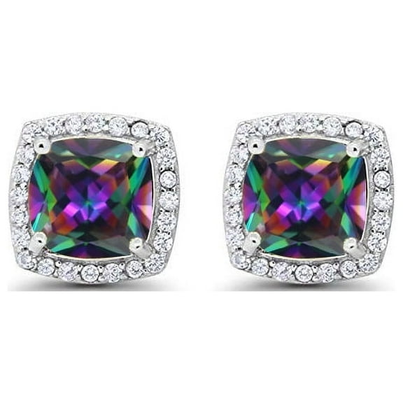 14k White Gold 1/2 Ct Created Halo Princess Cut Plated Mystic Topaz Stud Earrings by Paris Jewelry