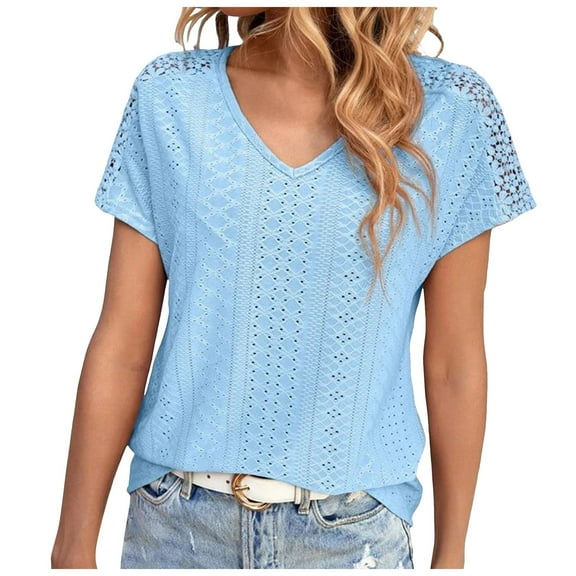 QYZEU Womens Tops Summer Solid Color Short Sleeve Medium Blouses Loose Fit Dressy Casual V Neck Ruffle Top Breathable Comfortable Lightweight Tops Sky Blue S