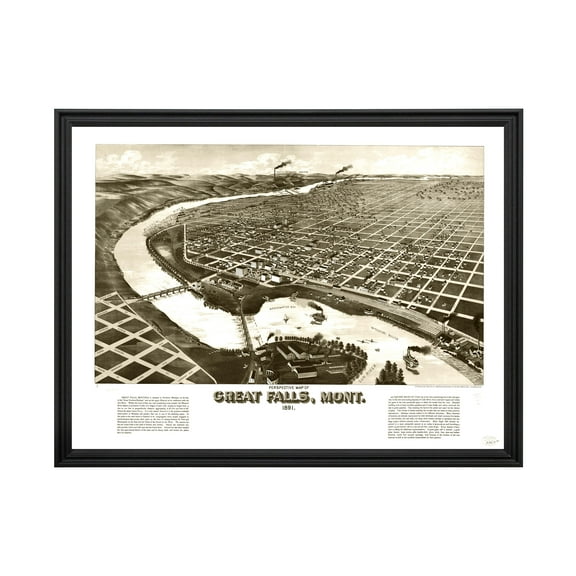 Great Falls Art, 1891 Vintage Map of Great Falls Montana, MT History Wall Decor Gift, Old Great Falls Map - 24" x 18" Black Framed Print