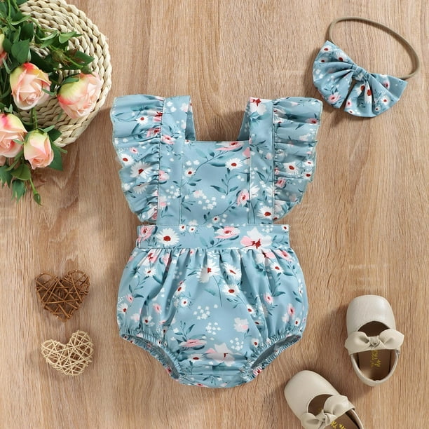 Body De Bebe Conjunto De Canastilla Monos Para Ninas Pequenas Moda Estampado De Flores s Volantes Manga Voladora Mono Con Lazo Tocado Traje Azul Odeerbi LM103 8756 Walmart en linea