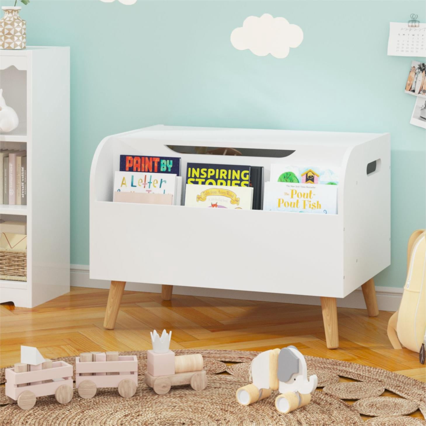 Bianlte Wooden Toy Box,Kids Toy Storage Organizer with Front Bookshelf,Toy Chest Bench,White 02