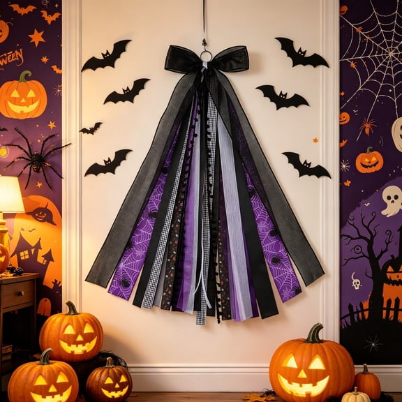 BUTASY Halloween Ribbon Bow for Wreath, Large Faric Black Wreath Sash Ribbon Bundle for Halloween Home Indoor Outdoor Decor