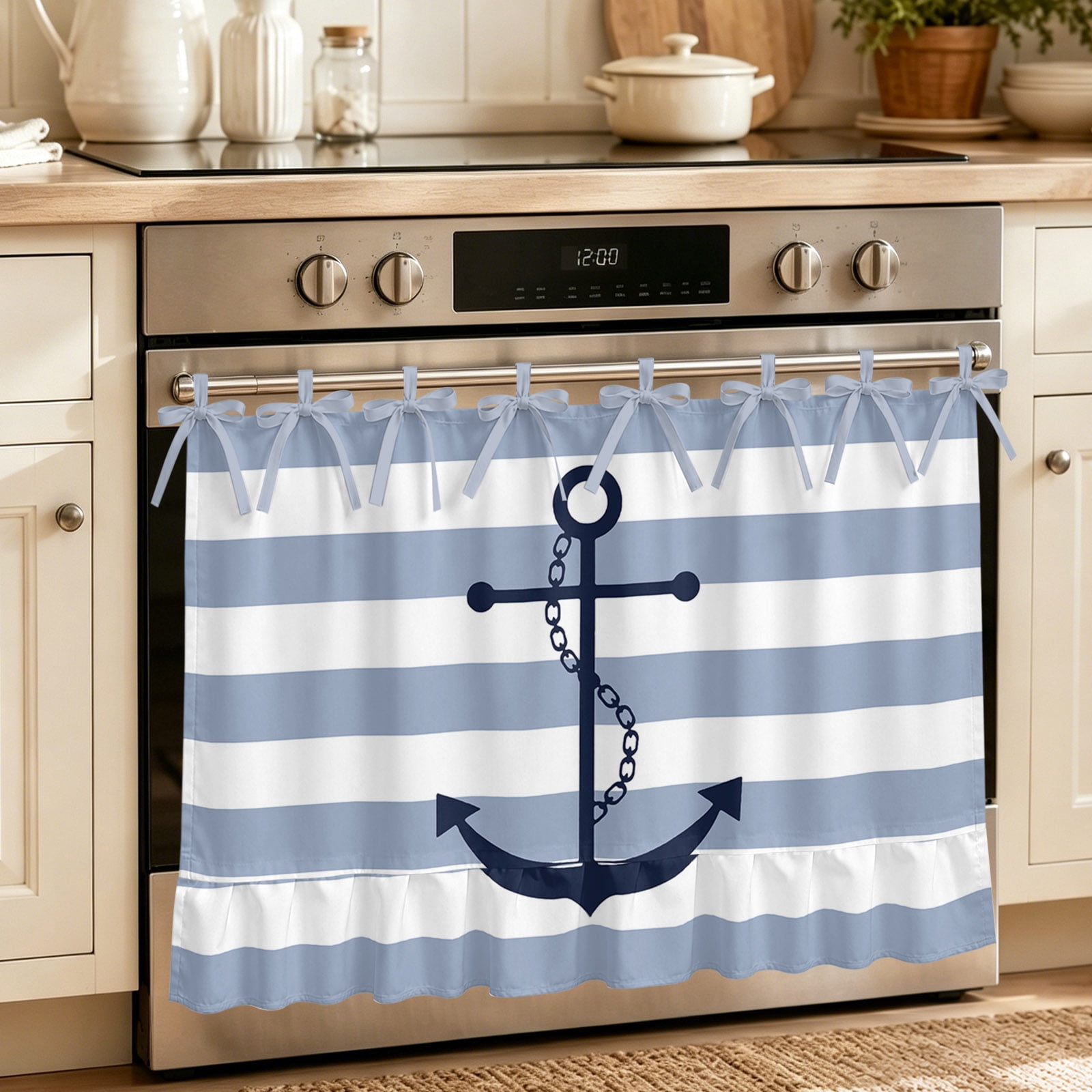 Oven Curtain for Kitchen Nautical Anchor Horizontal Stripe Stove Curtain With Ruffled Trim Dishwasher Curtains Coastal Oven Skirt 30 x21.5