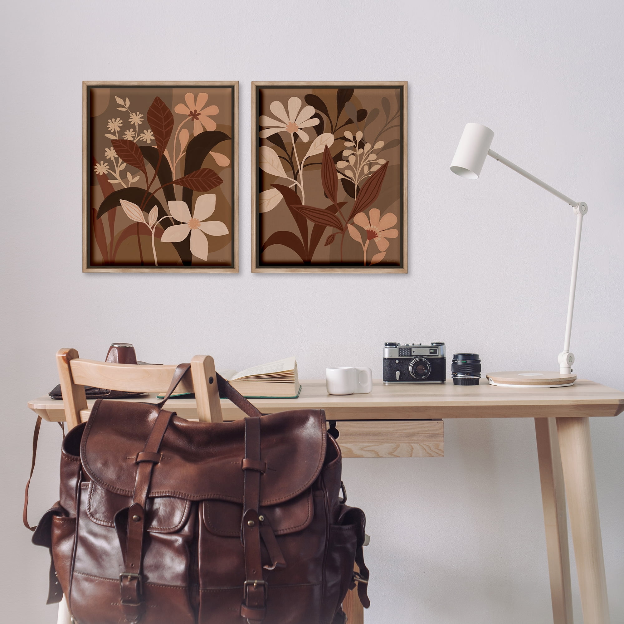 Stupell Industries Modern Boho Flower Bundle Floral & Botanical Painting Brown Floater Framed Canvas Art Print Wall Art, 17 x 21, Set of 2