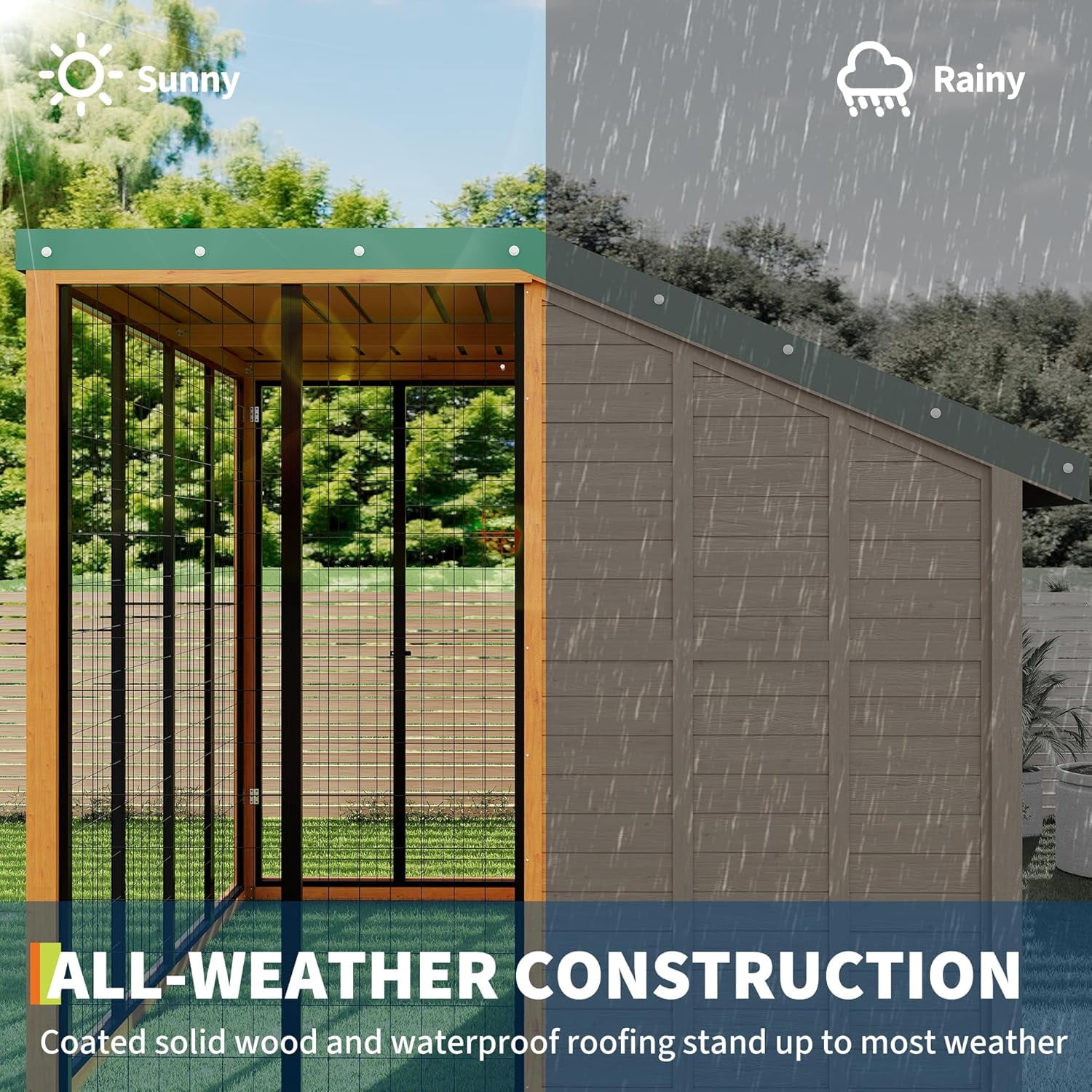 Cedar Wood Large Dog Kennel with PE Roof, Outdoor Dog House with Feeding Door, Locking Gate, Water/Food Tray, Cedar Wood Shelter for Backyard (Wood)