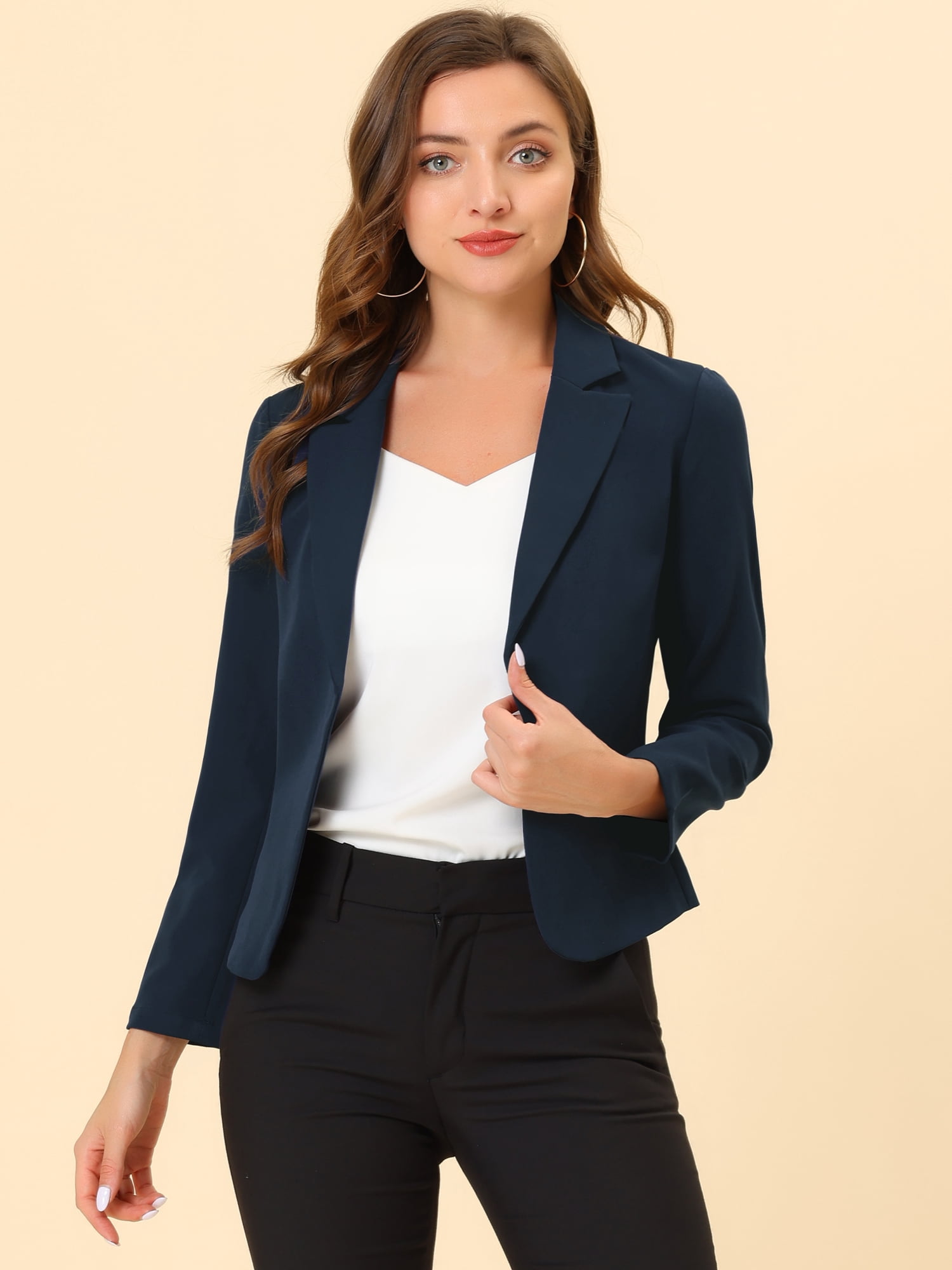 DARING DIVA Women's Notched Lapel Work Crop Blazer L Dark Blue-Solid
