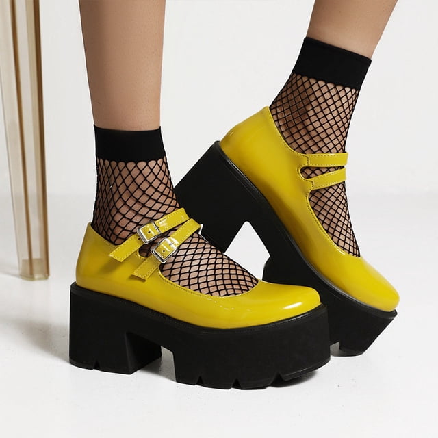 Zapatos de cuero para mujer, hebilla de cinturón de estilo británico, zapatos de tacón alto grueso informales para estudiantes, sandalias de punta redonda con correa en el tobillo de Color sólido Wmkox8yii hfjk2117