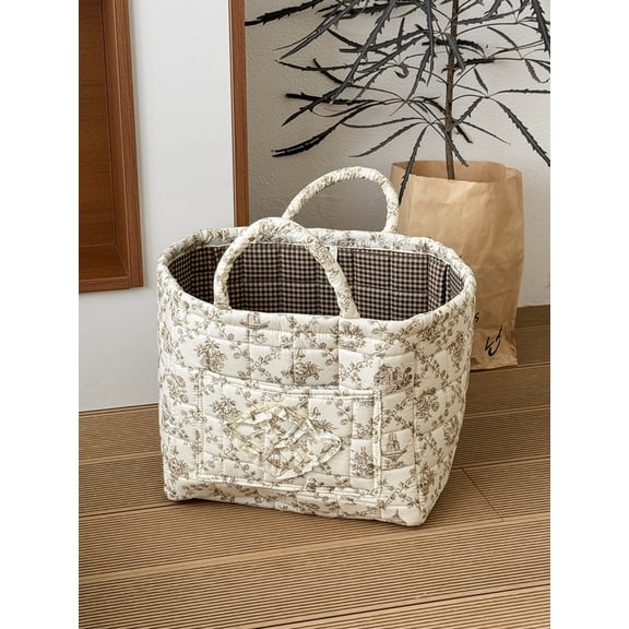 Quilted Fabric Storage Basket with Handles for Laundry and Home Organization, Vintage Floral Toile Design with Checkered Lining, Large Decorative Organizer for Nursery and Bedroom
