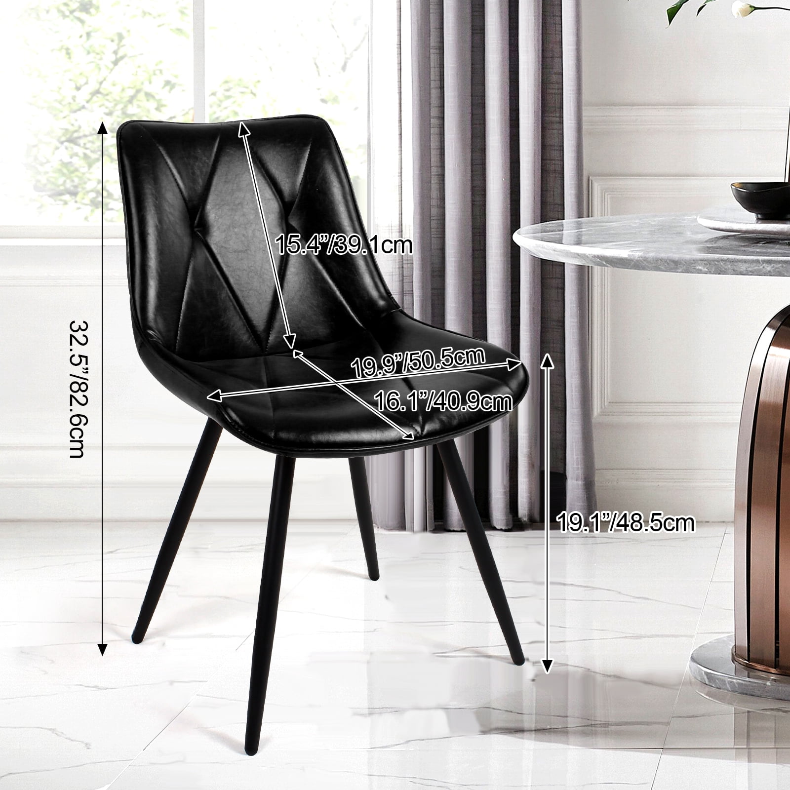 Set of 2 Black Faux Leather Dining Chairs, Ergonomic Backrest with Thick Foam Cushion, Metal Legs & FSC Frame, Waterproof Easy-Clean PU Leather, Hold Up to 300 lbs