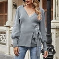 thumbnail image 2 of Prolriy Chandails pour Femmes, Chandail Cache-Cœur Col en V Automne Hiver Manches Ballon Tricoté Côtelé Chandail à Nouer devant Haut Jumper Chandails Femmes Hauts Femmes, 2 of 9