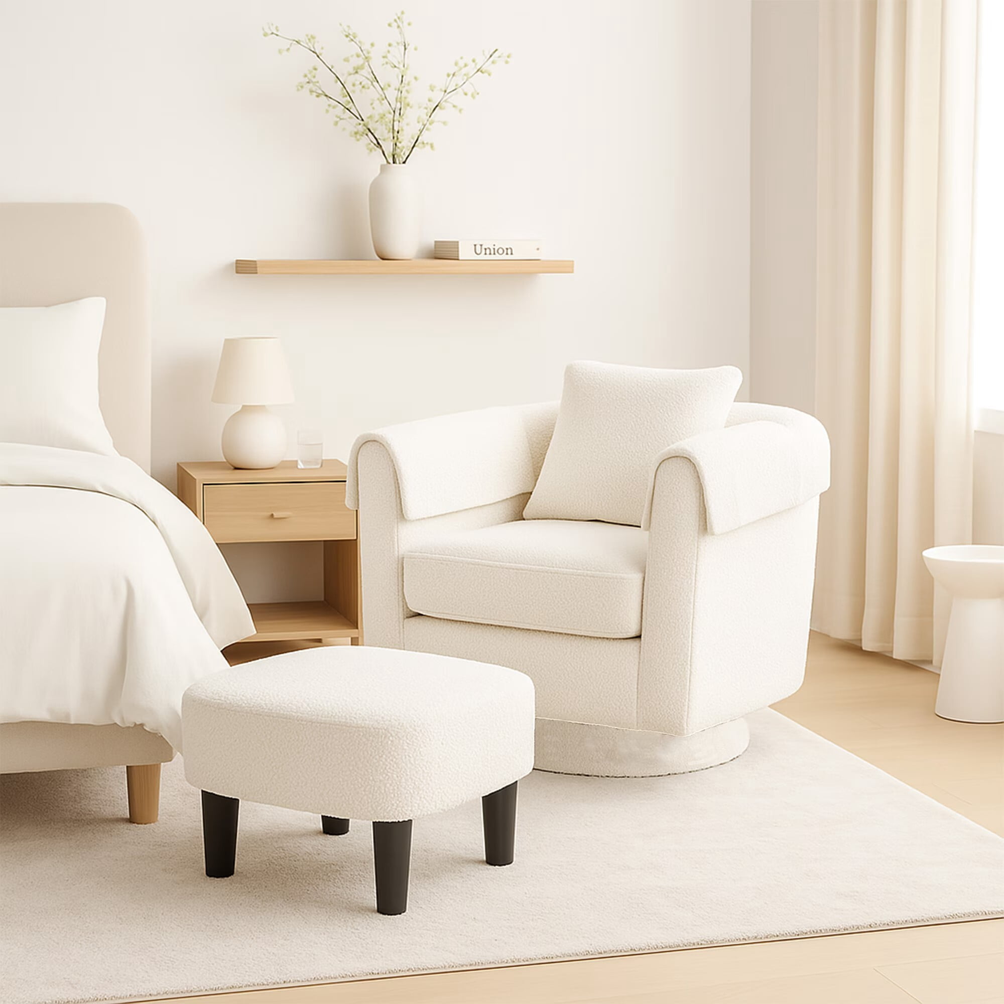 Avobird Living Room Chair With Ottoman Set, Chenille Barrel Armchair with Removable Back Pillow & 2 Armrest Covers, Beige