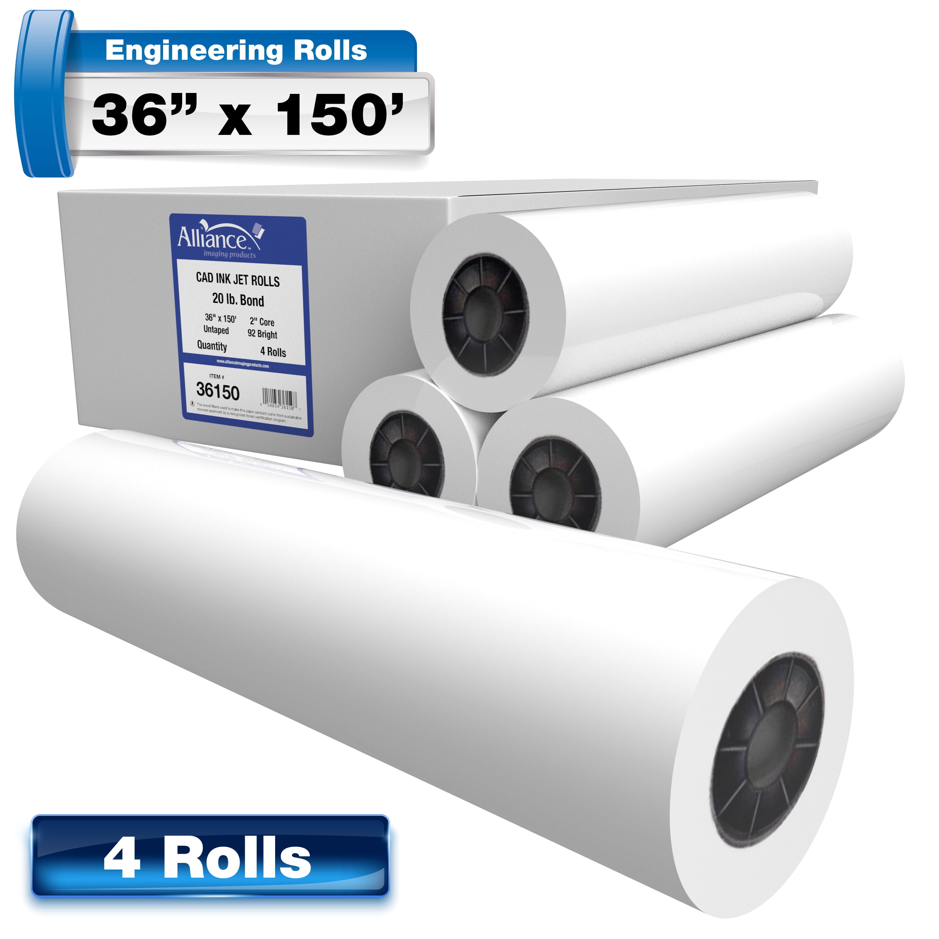 Alliance Wide Format Paper 36" x 150' Rolls CAD Bond 92 Bright, 20lb - 4 Rolls Per Carton with 2" core (36150)